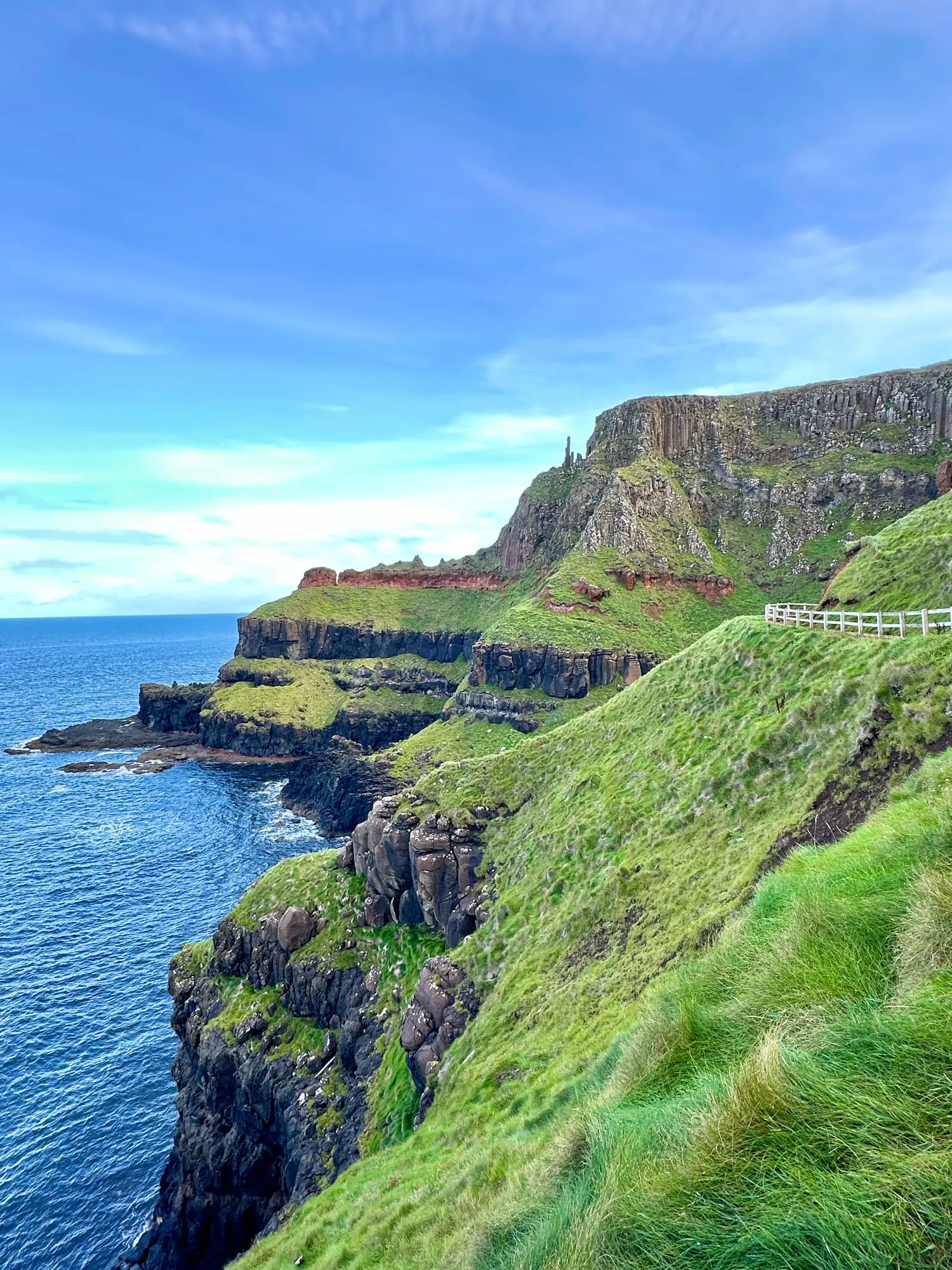 Grasbewachsene Klippen der Causeway Coast über dem Meer, am Rand ein weisser Zaun entlang des Küstenwegs.