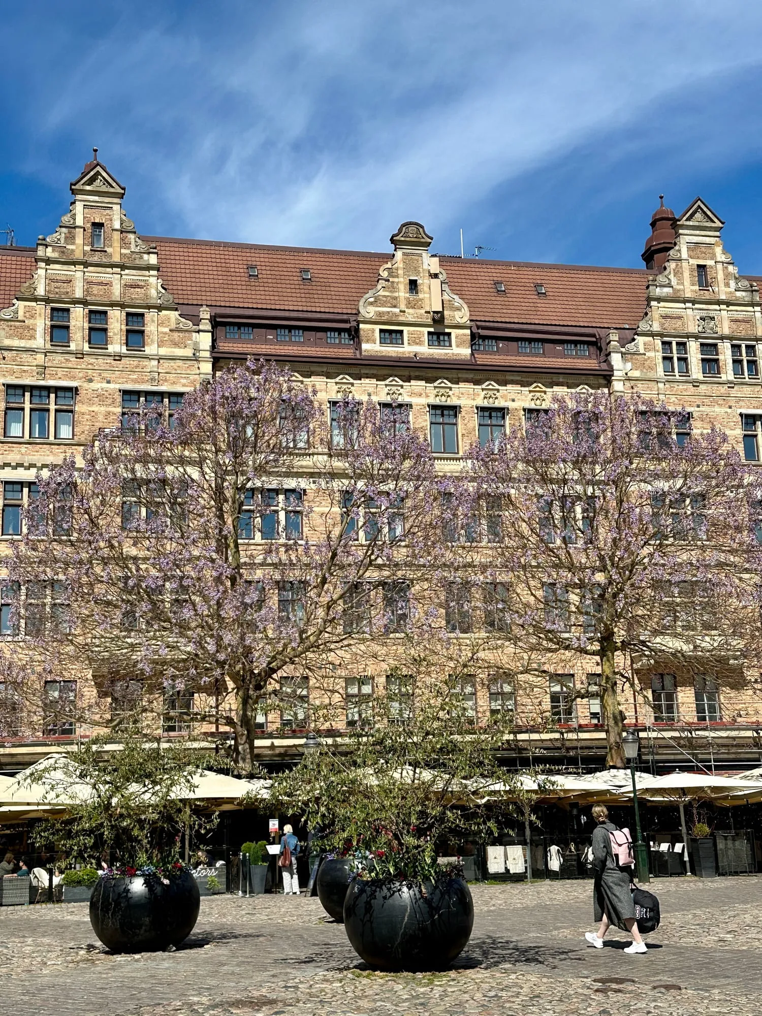 Backsteinfassade am Lilla Torg in Malmö mit blühendem Blauregen und Cafétischen.
