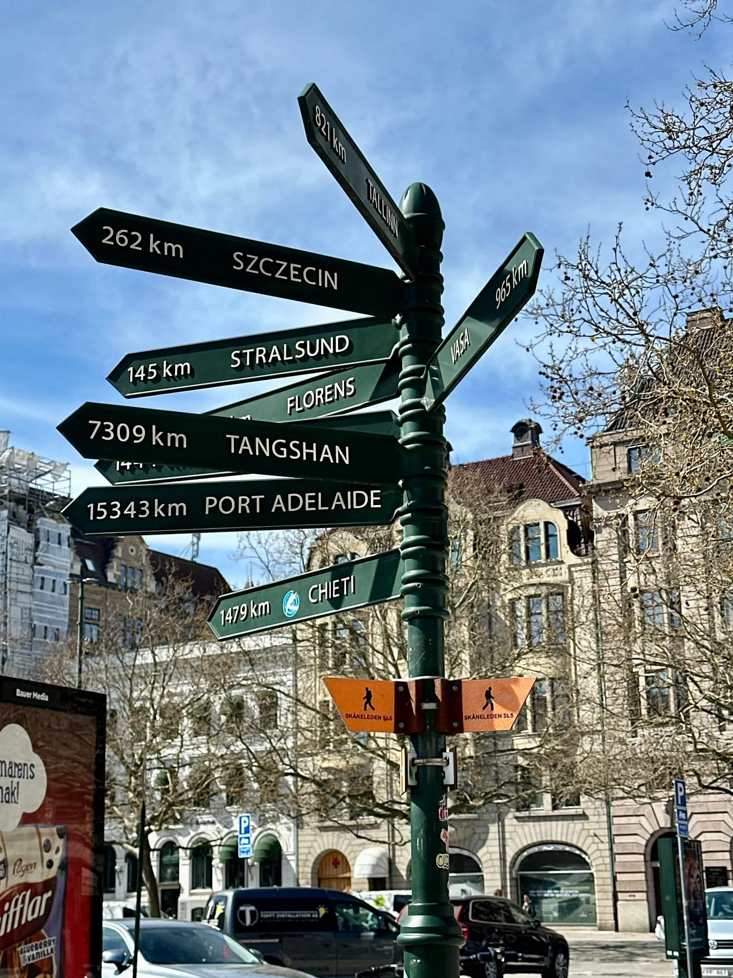 Wegweiser in Malmö mit Entfernungsangaben nach Szczecin, Stralsund, Tangshan und Port Adelaide.