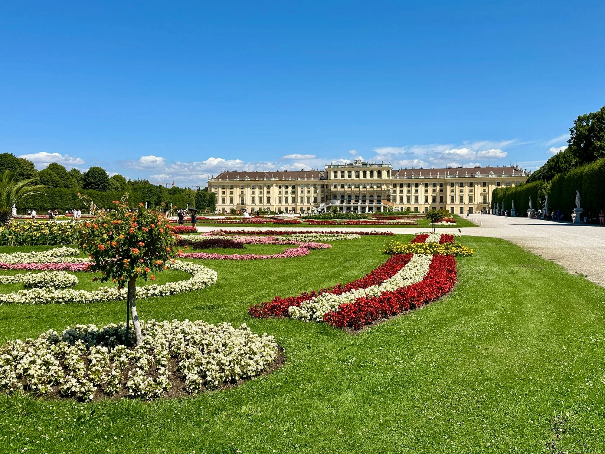 Schloss Schönbrunn mit Blumenparterre im Sommer.