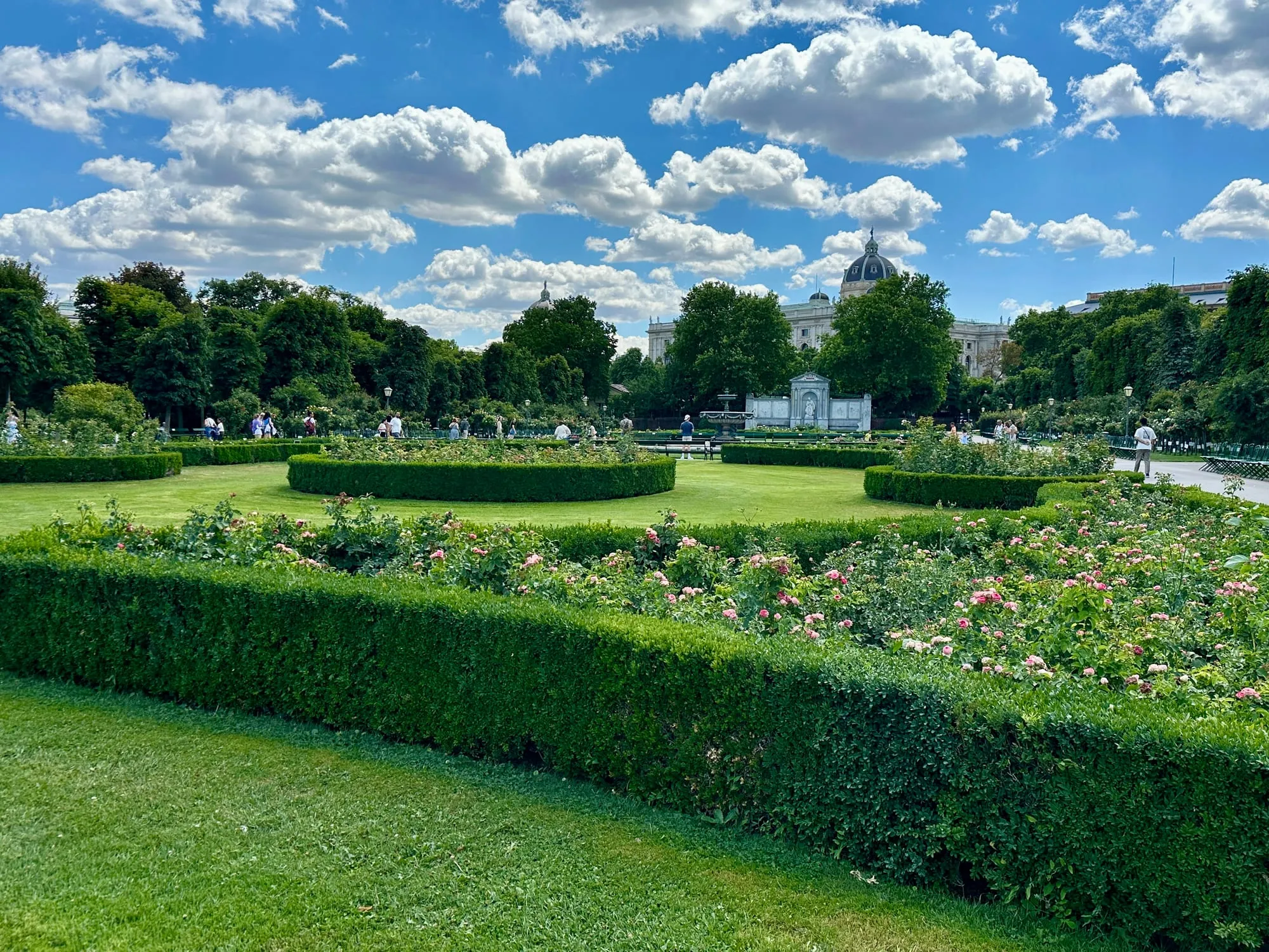 Rosengarten im Volksgarten, hinten die Kuppel des Naturhistorischen Museums.